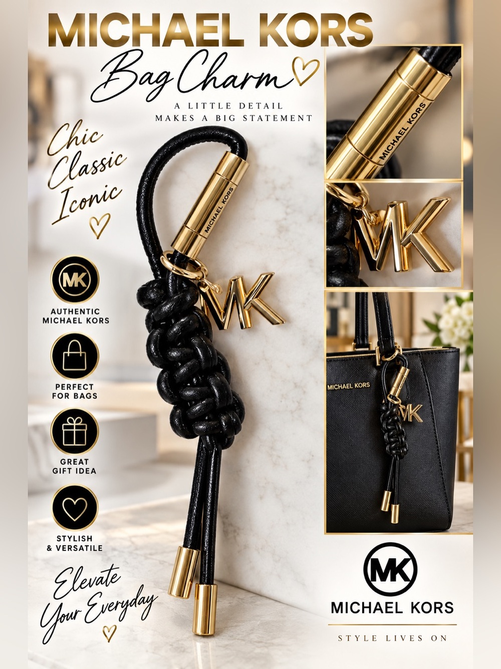 Michael Kors NWT Black & Gold Braided Leather Bag Charm